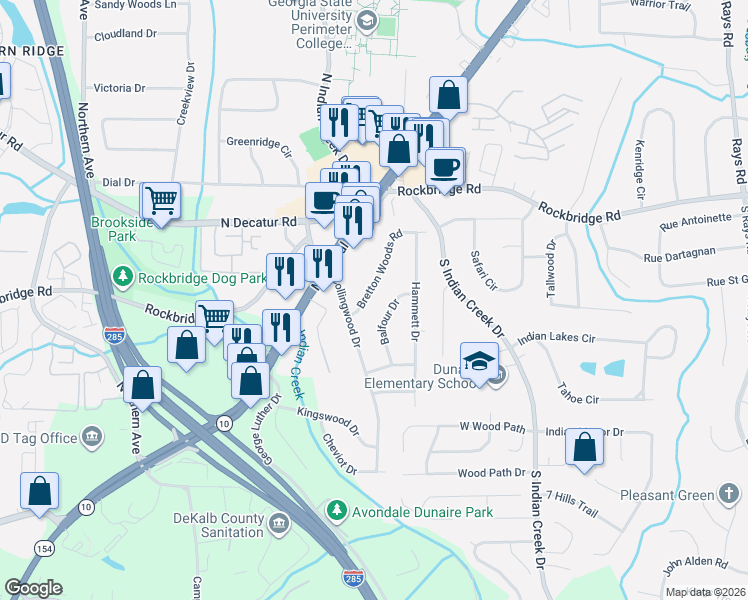 map of restaurants, bars, coffee shops, grocery stores, and more near 3823 Bretton Woods Road in Decatur