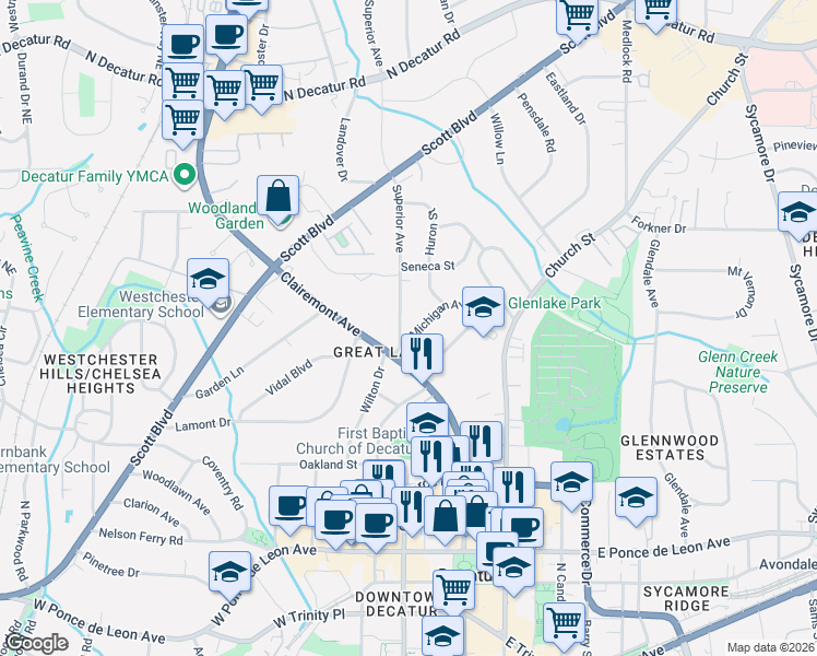 map of restaurants, bars, coffee shops, grocery stores, and more near 118 Michigan Avenue in Decatur