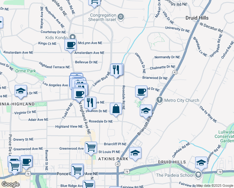 map of restaurants, bars, coffee shops, grocery stores, and more near 1040 North Virginia Avenue Northeast in Atlanta