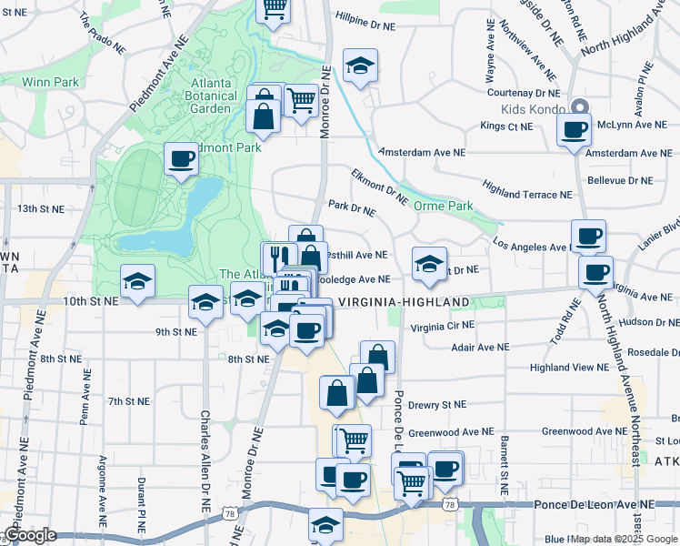 map of restaurants, bars, coffee shops, grocery stores, and more near 638 Cooledge Avenue Northeast in Atlanta