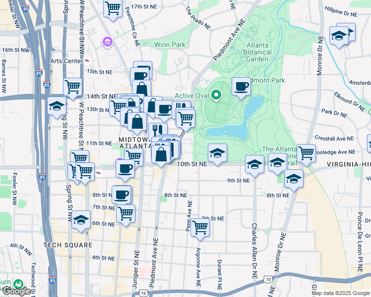 map of restaurants, bars, coffee shops, grocery stores, and more near 1041 Piedmont Avenue Northeast in Atlanta