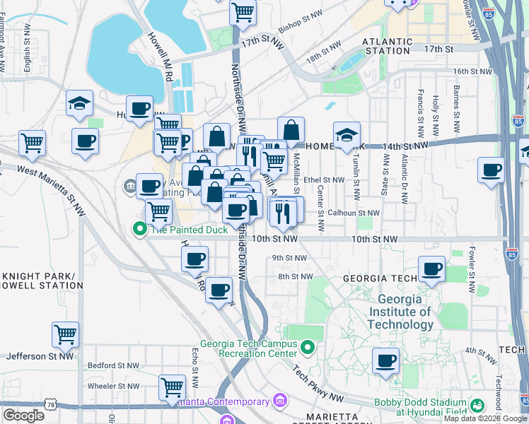 map of restaurants, bars, coffee shops, grocery stores, and more near 1035 Hampton Street Northwest in Atlanta