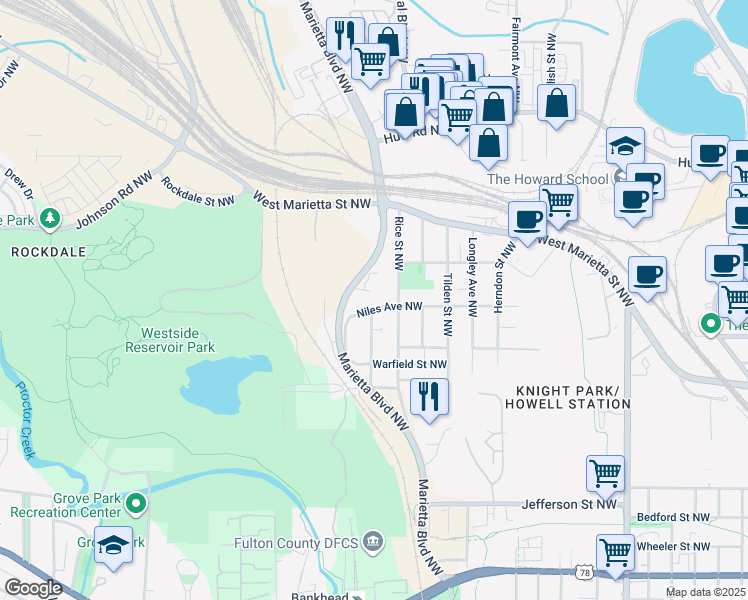 map of restaurants, bars, coffee shops, grocery stores, and more near 1227 Niles Avenue Northwest in Atlanta
