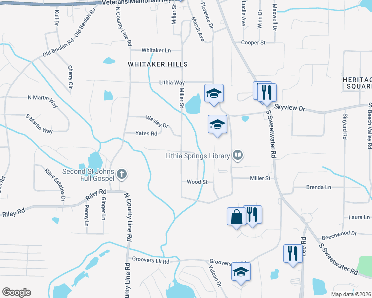 map of restaurants, bars, coffee shops, grocery stores, and more near 7074 Miller Street in Lithia Springs