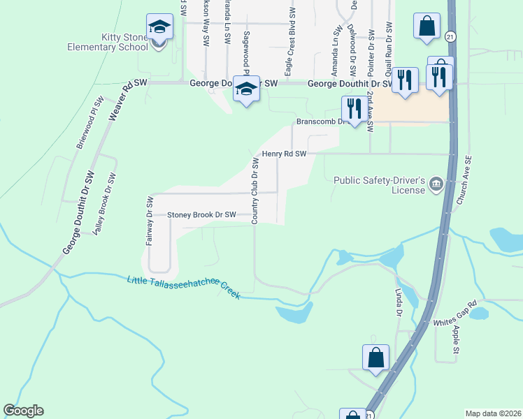 map of restaurants, bars, coffee shops, grocery stores, and more near 1516 Country Club Dr SW in Jacksonville