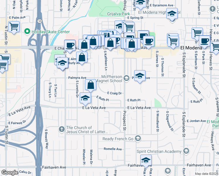 map of restaurants, bars, coffee shops, grocery stores, and more near 367 South Carolet Lane in Orange