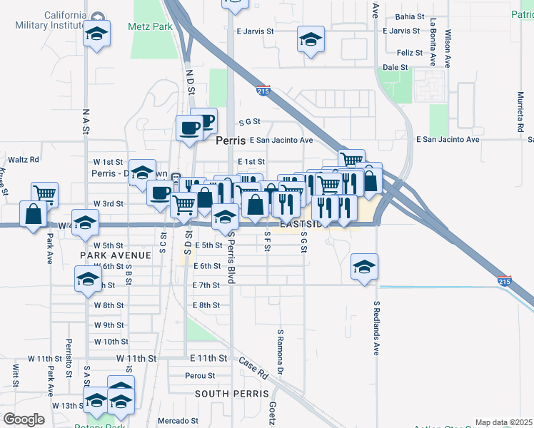 map of restaurants, bars, coffee shops, grocery stores, and more near 436 South F Street in Perris