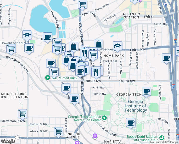 map of restaurants, bars, coffee shops, grocery stores, and more near 1035 Hampton Street Northwest in Atlanta