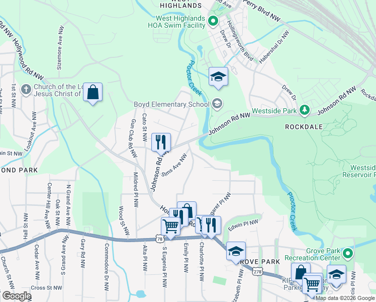 map of restaurants, bars, coffee shops, grocery stores, and more near 1051 Sims Avenue Northwest in Atlanta