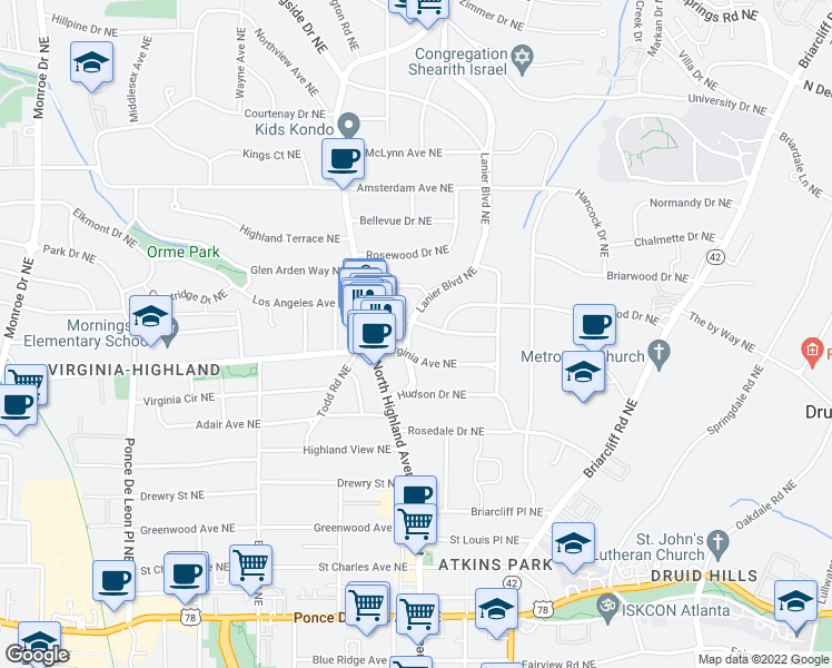 map of restaurants, bars, coffee shops, grocery stores, and more near 1037 Lanier Boulevard Northeast in Atlanta