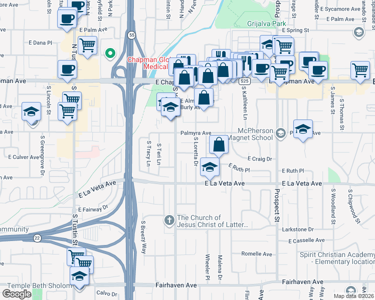 map of restaurants, bars, coffee shops, grocery stores, and more near 2541 East Dorothy Drive in Orange