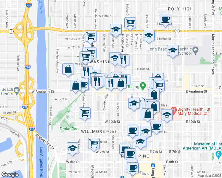 map of restaurants, bars, coffee shops, grocery stores, and more near 305 W Anaheim St in Long Beach