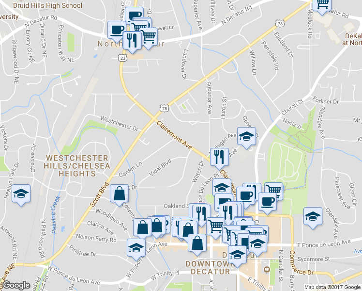 map of restaurants, bars, coffee shops, grocery stores, and more near 640 Clairemont Avenue in Decatur