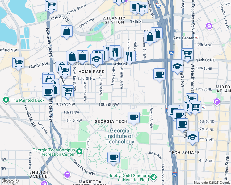 map of restaurants, bars, coffee shops, grocery stores, and more near 1031 State Street Northwest in Atlanta
