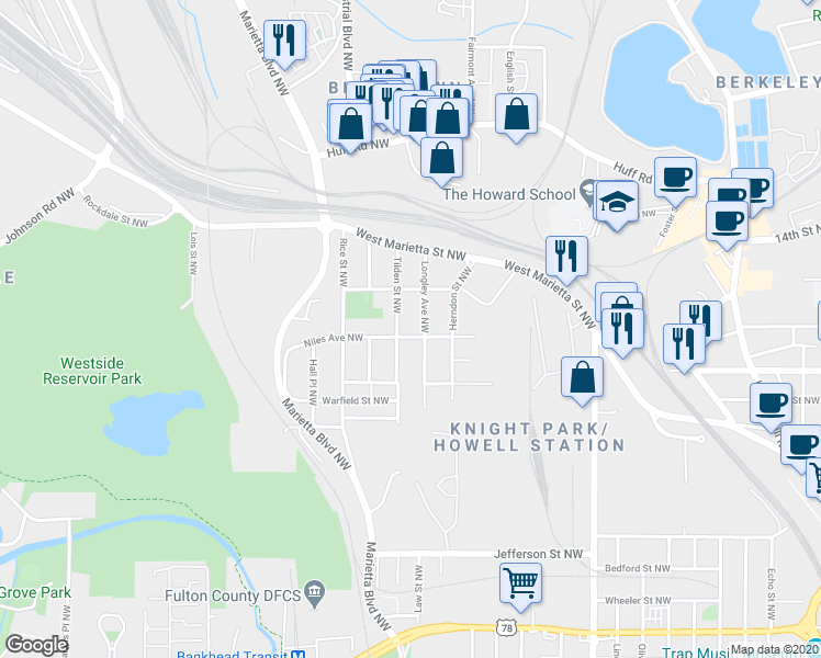map of restaurants, bars, coffee shops, grocery stores, and more near 1017 Tilden Street Northwest in Atlanta