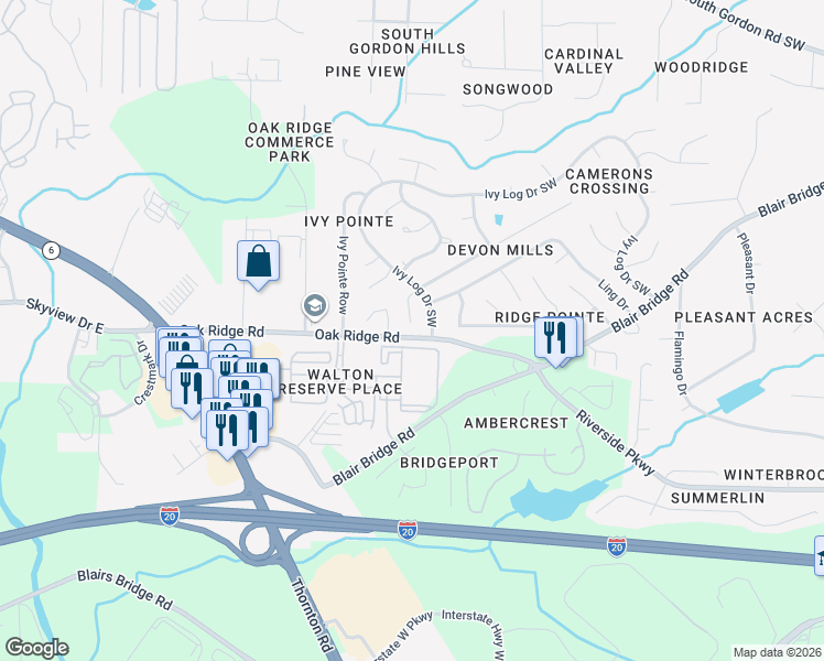 map of restaurants, bars, coffee shops, grocery stores, and more near 7035 Panda Rd in Austell