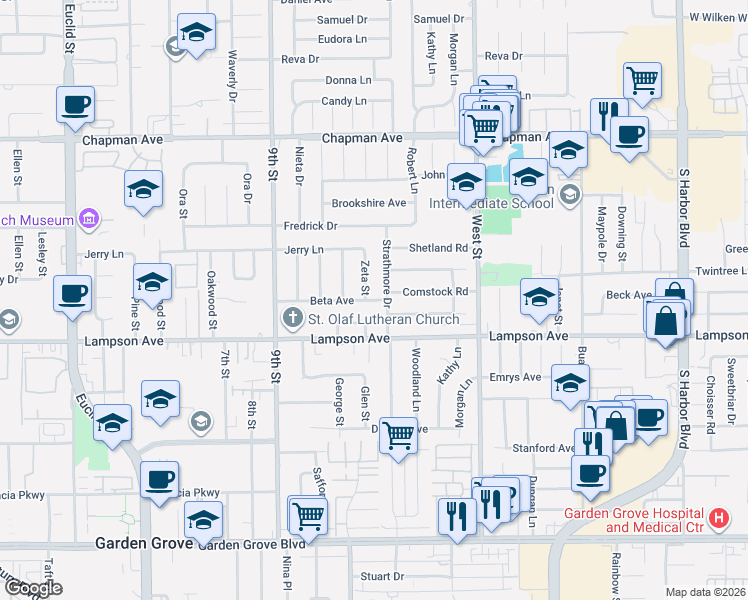 map of restaurants, bars, coffee shops, grocery stores, and more near 12372 Zeta Street in Garden Grove