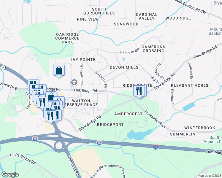 map of restaurants, bars, coffee shops, grocery stores, and more near 1249 Ling Way in Austell