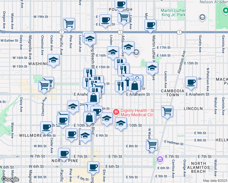 map of restaurants, bars, coffee shops, grocery stores, and more near 501 East Anaheim Street in Long Beach