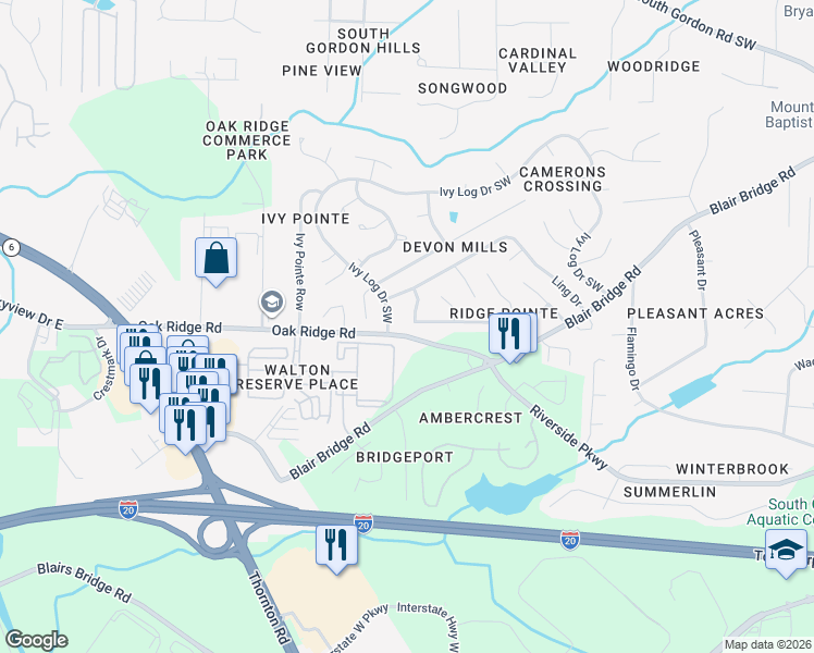 map of restaurants, bars, coffee shops, grocery stores, and more near 1249 Ling Way in Austell