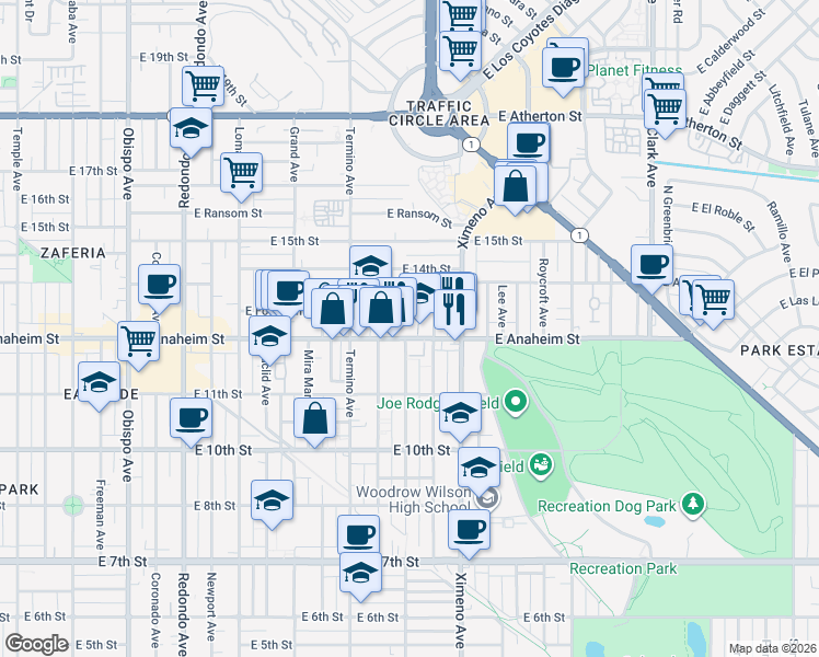map of restaurants, bars, coffee shops, grocery stores, and more near 4205 East Anaheim Street in Long Beach