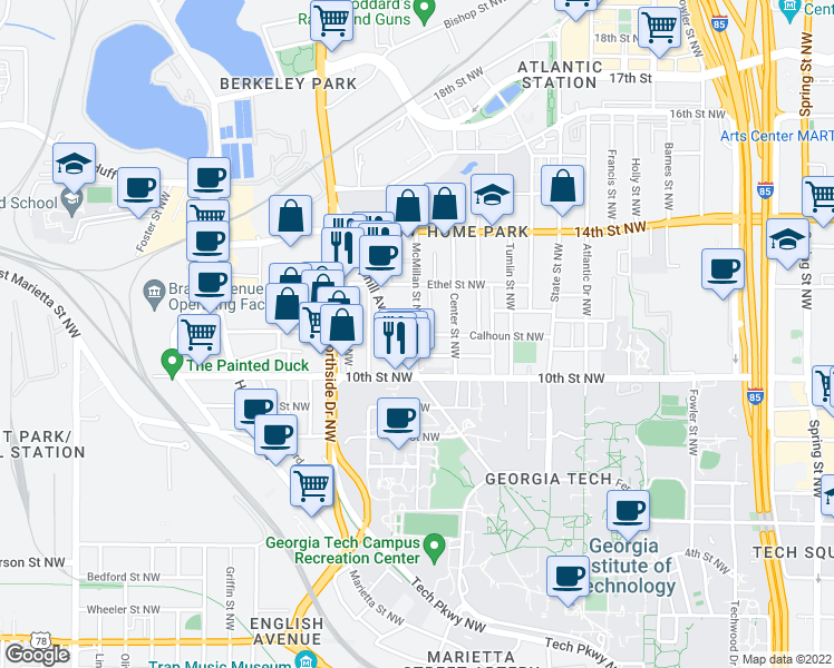 map of restaurants, bars, coffee shops, grocery stores, and more near McMillan St NW & Calhoun St NW in Atlanta