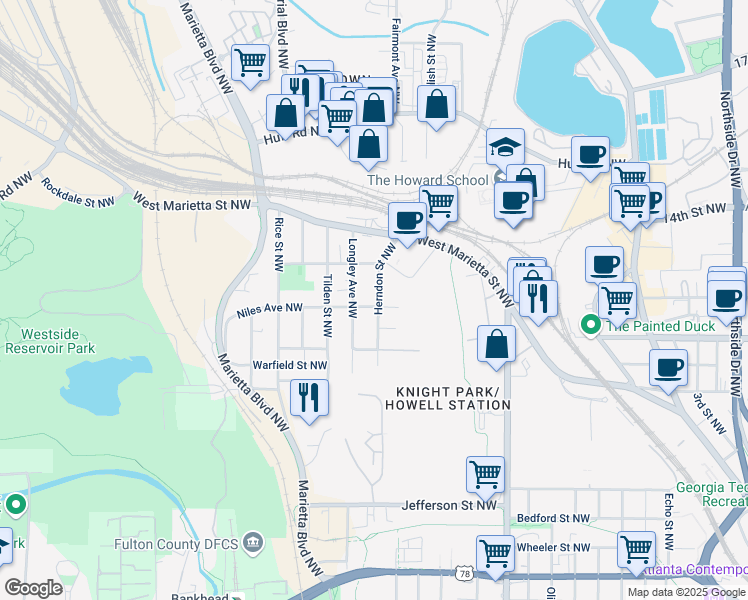 map of restaurants, bars, coffee shops, grocery stores, and more near 1024 Herndon Street Northwest in Atlanta