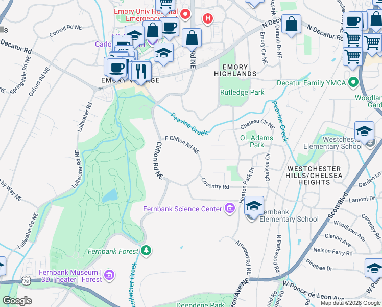 map of restaurants, bars, coffee shops, grocery stores, and more near 1754 East Clifton Road Northeast in Atlanta