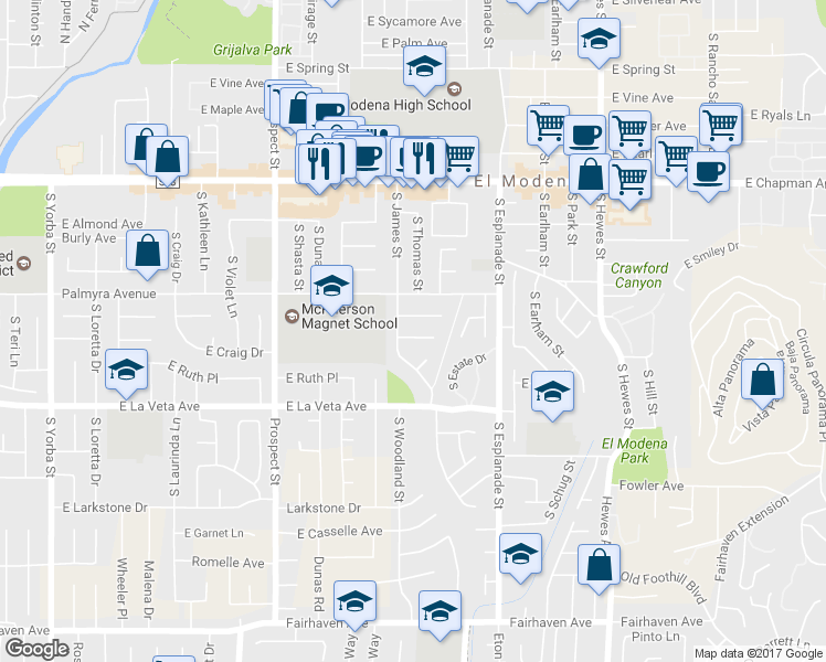 map of restaurants, bars, coffee shops, grocery stores, and more near 3747 East Dorothy Drive in Orange