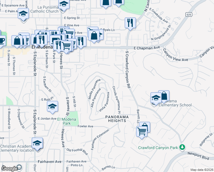 map of restaurants, bars, coffee shops, grocery stores, and more near 12402 Vista Panorama in Santa Ana