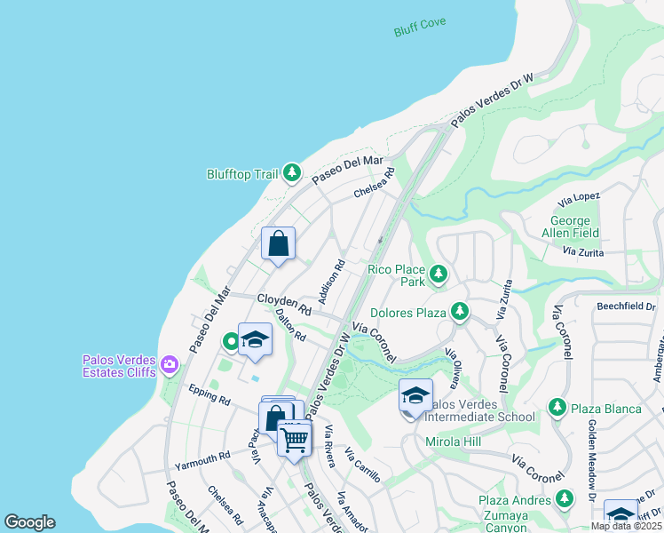 map of restaurants, bars, coffee shops, grocery stores, and more near 1725 Addison Road in Palos Verdes Estates