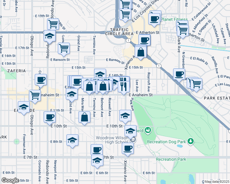 map of restaurants, bars, coffee shops, grocery stores, and more near 4235 East Anaheim Street in Long Beach