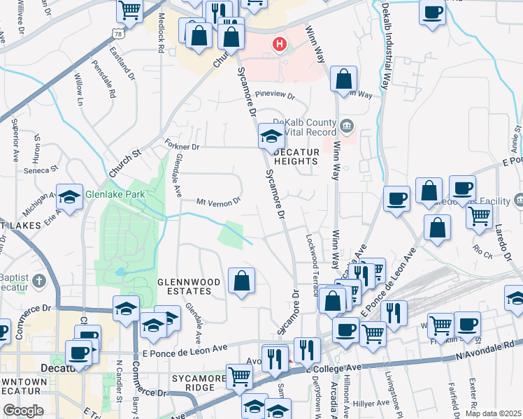 map of restaurants, bars, coffee shops, grocery stores, and more near 307 Ridgeland Avenue in Decatur