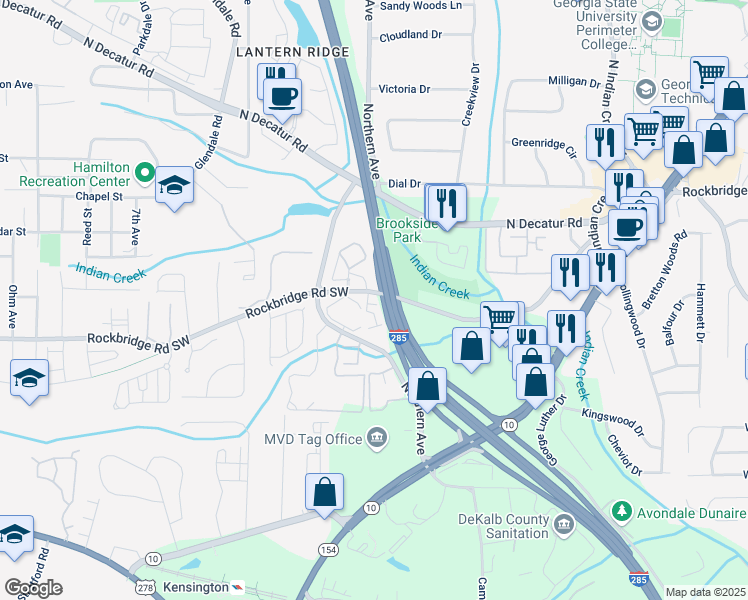 map of restaurants, bars, coffee shops, grocery stores, and more near 756 Brookside Parc Lane in Avondale Estates