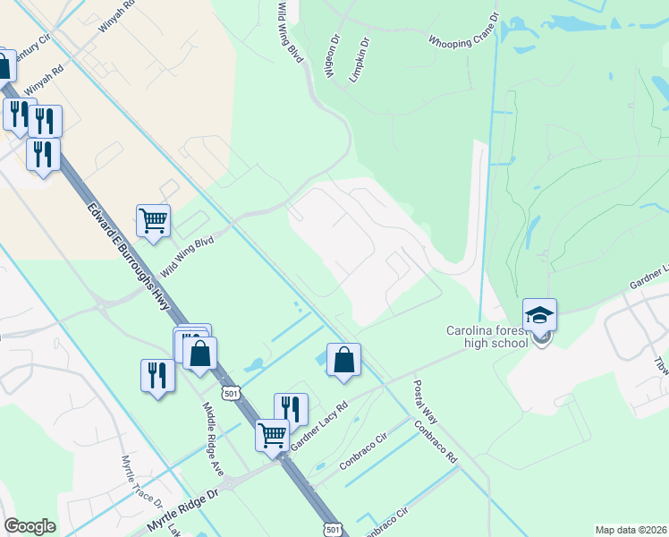 map of restaurants, bars, coffee shops, grocery stores, and more near 340 Kiskadee Loop in Conway