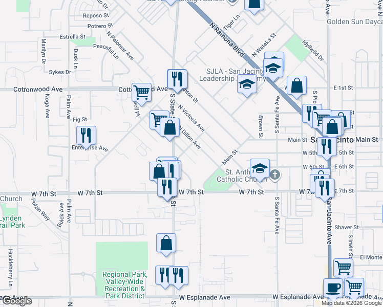 map of restaurants, bars, coffee shops, grocery stores, and more near 185 North Scovell Avenue in San Jacinto