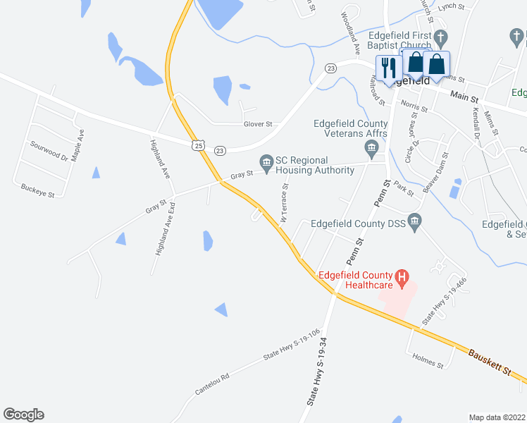 map of restaurants, bars, coffee shops, grocery stores, and more near North Highway 25 in Edgefield