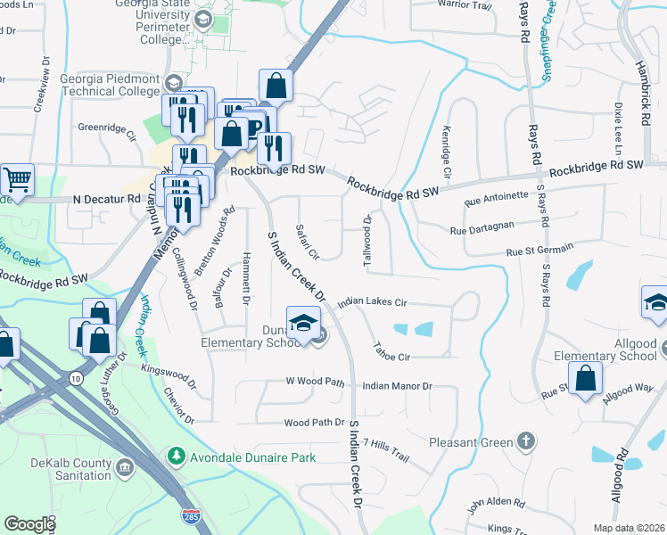 map of restaurants, bars, coffee shops, grocery stores, and more near 504 Safari Circle in Stone Mountain