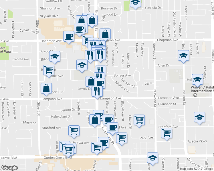 map of restaurants, bars, coffee shops, grocery stores, and more near 10075 Hidden Village Road in Garden Grove
