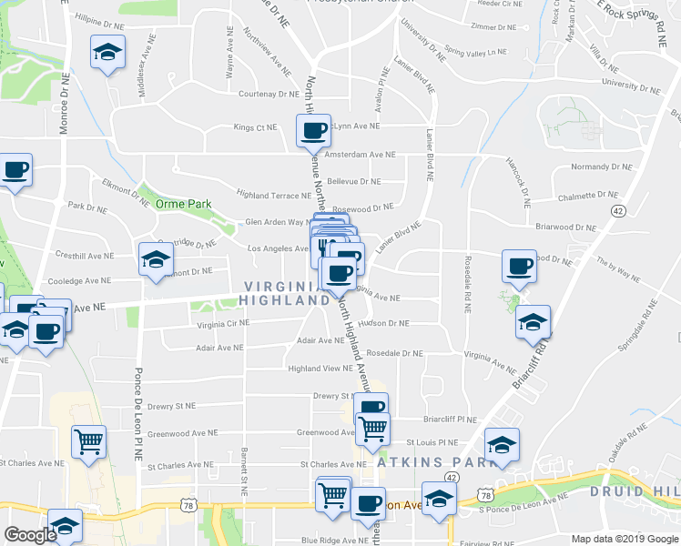 map of restaurants, bars, coffee shops, grocery stores, and more near 1033 North Highland Avenue Northeast in Atlanta