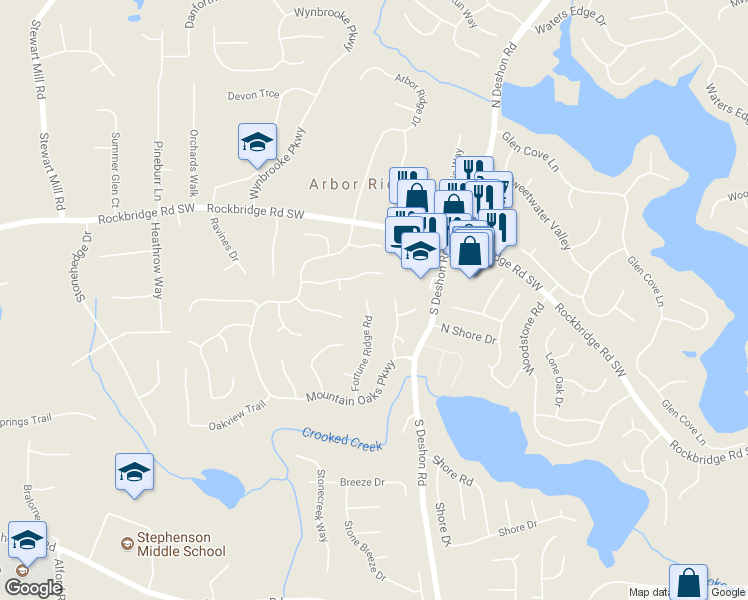 map of restaurants, bars, coffee shops, grocery stores, and more near 506 Fortune Ridge Road in Stone Mountain