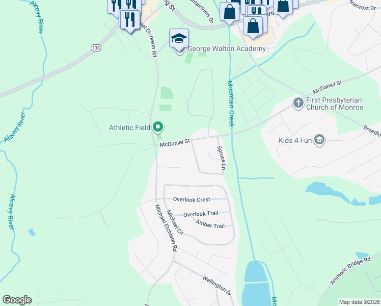map of restaurants, bars, coffee shops, grocery stores, and more near 569 Spruce Lane in Monroe