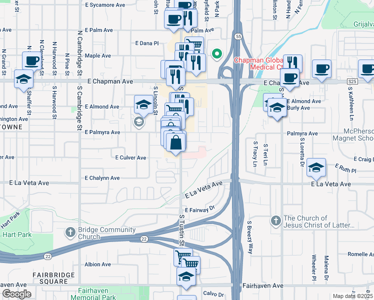 map of restaurants, bars, coffee shops, grocery stores, and more near 353 South Tustin Street in Orange