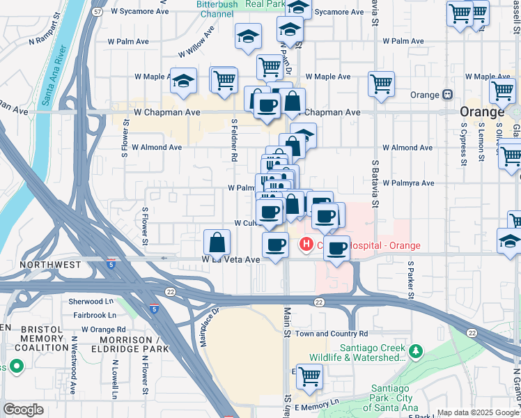map of restaurants, bars, coffee shops, grocery stores, and more near 1529 West Culver Avenue in Orange