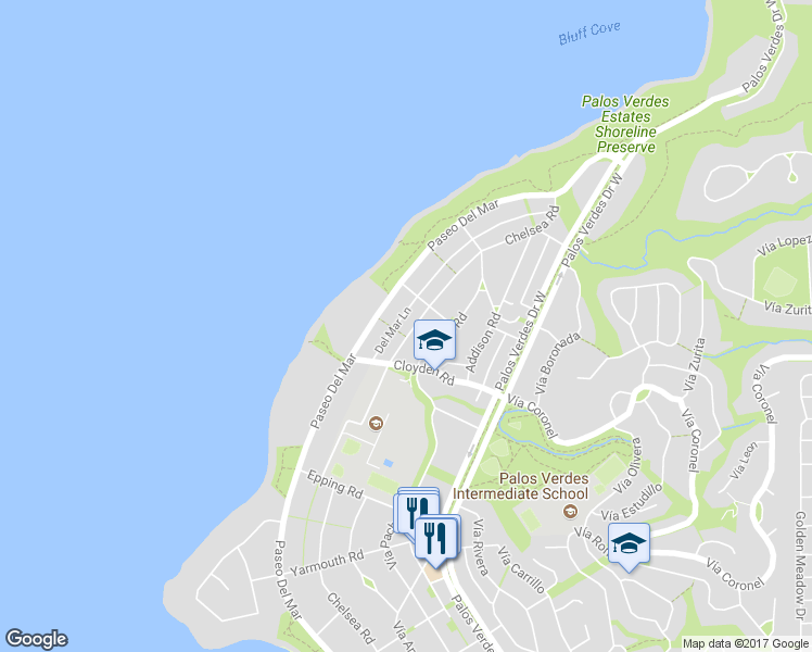 map of restaurants, bars, coffee shops, grocery stores, and more near 1721 Chelsea Road in Palos Verdes Estates