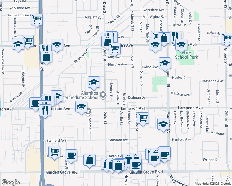 map of restaurants, bars, coffee shops, grocery stores, and more near 12361 Adelle Street in Garden Grove