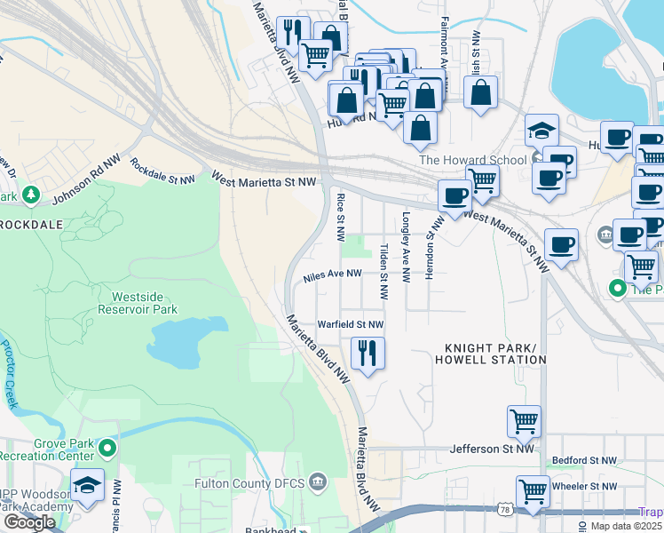 map of restaurants, bars, coffee shops, grocery stores, and more near 1227 Niles Ave NW in Atlanta