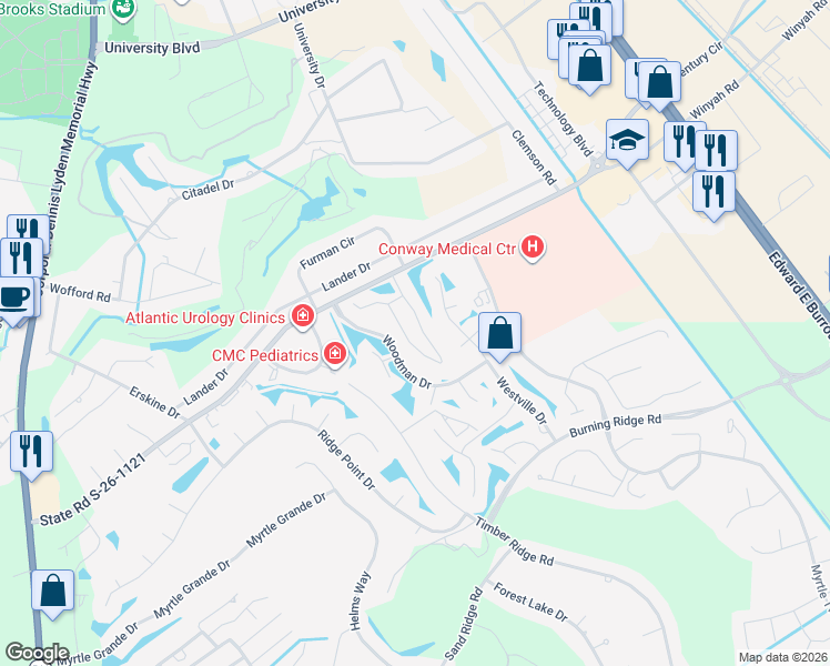 map of restaurants, bars, coffee shops, grocery stores, and more near 380K Myrtle Greens Drive in Conway