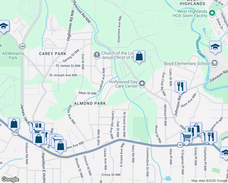map of restaurants, bars, coffee shops, grocery stores, and more near 1043 Ada Avenue Northwest in Atlanta