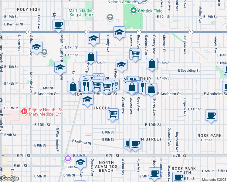 map of restaurants, bars, coffee shops, grocery stores, and more near 1401 East Anaheim Street in Long Beach
